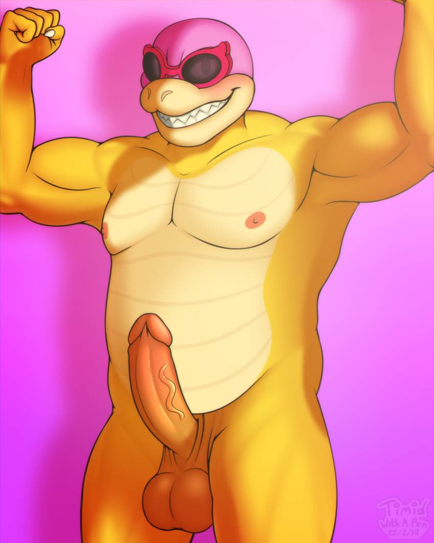 2019 5_fingers abs anthro anthrofied balls belly big_belly claws hi_res humanoid_penis koopa koopaling koopalings looking_at_viewer male male_only mario_(series) musclegut muscular muscular_male nintendo nipples nude penis reptile roy_koopa scalie simple_background smile solo teeth timidwithapen video_games