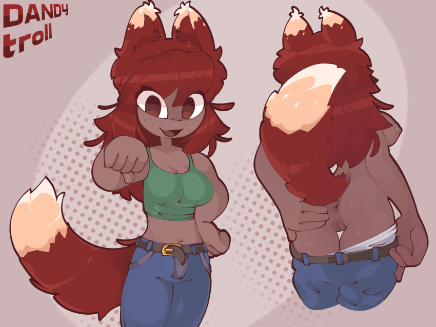 1girl ass asshole belt big_breasts breasts dandytroll female female_focus female_only fox_ears fox_girl fox_tail green_shirt jeans looking_at_viewer multiple_angles pussy re-logic showing_off solo solo_female terraria uncensored underwear undressing zoologist_(terraria)