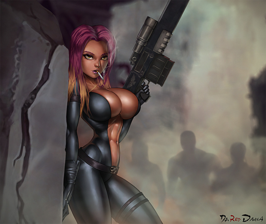 1girls abs against_wall assassin belt big_breasts blonde_hair breasts bursting_breasts cigarette cleavage dareddakka digital_media_(artwork) female fit huge_breasts imperium_of_man latex latex_suit lip_piercing lipstick looking_at_viewer multicolored_hair muscles navel nose_piercing officio_assassinorum open_clothes outdoors purple_hair rifle smoking standing thick_thighs thighs tight_clothing tight_fit vindicare_assassin warhammer_(franchise) warhammer_40k weapon yellow_eyes