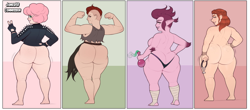 2019 ass big_ass big_hair bottomless commission dwarf dwarf_female freckles green_eyes huge_ass jamesab leather_jacket metal_studs pink_hair potion ripped_clothing scar studs thong top_less wide_hips wraps