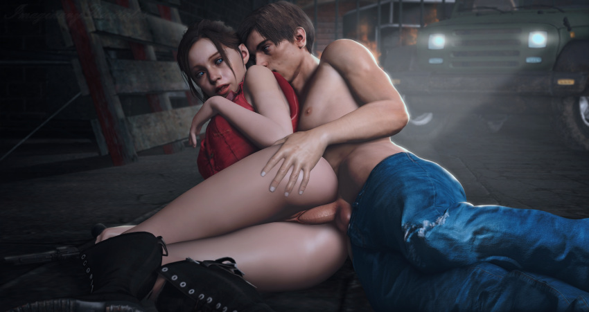 1boy 1girls 3d balls blonde_hair blue_eyes bottomless brown_hair capcom claire_redfield claire_redfield_(jordan_mcewen) clothed_sex duo female hair highres imaginarydigitales leon_scott_kennedy male pants penetration penis pussy resident_evil resident_evil_2 sex shirtless straight video_games