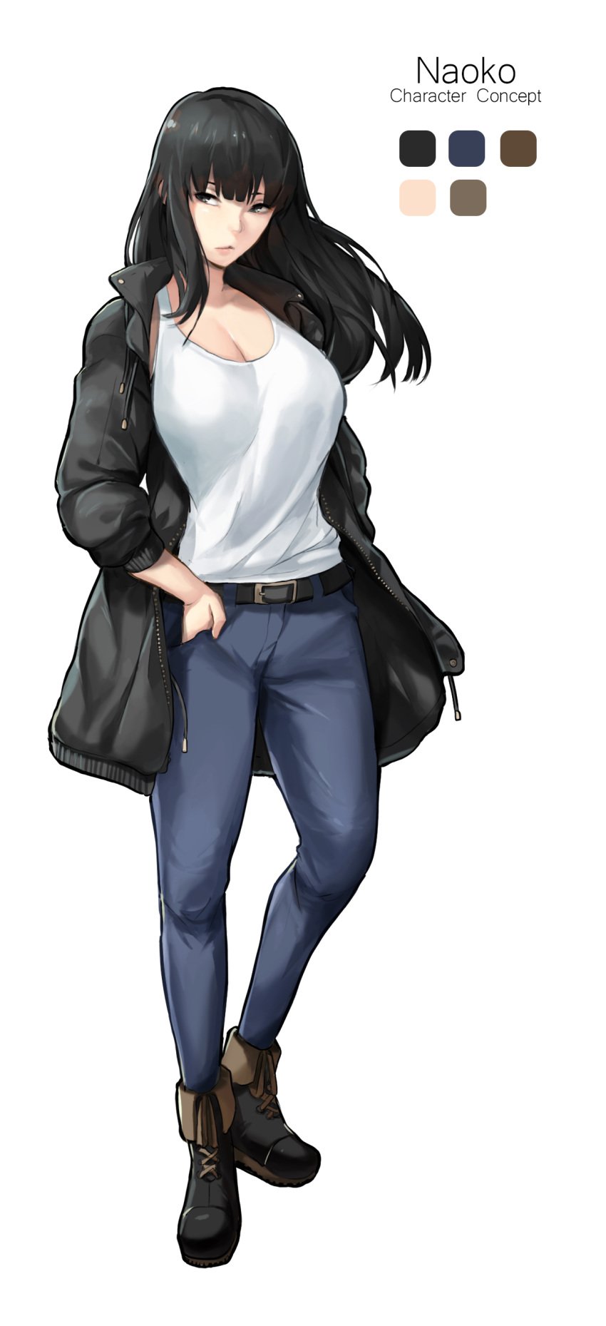 1girls 2d absurdres bangs black_hair black_jacket blue_jeans breasts casual character_name character_profile cleavage closed_mouth clothed clothing commentary converse denim emotionless english_commentary english_text expressionless female female_only grey_eyes hand_in_pocket hand_on_hip hand_on_own_cheek highres huge_breasts jacket jeans large_breasts long_hair looking_at_viewer lynus naoko-san naoko_(9113419) original pants pose shoes sneakers solid_color_background solo_female tank_top white_background white_tank_top