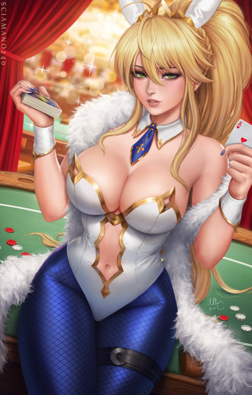 1girls 2019 ace_of_hearts artist_name artist_signature artoria_pendragon artoria_pendragon_(all) artoria_pendragon_(fate) artoria_pendragon_(swimsuit_ruler) ass belly_button big_breasts blonde_female blonde_hair blonde_ponytail blue_leggings blue_legwear braid braided_hair breasts bunny_ears bunny_girl bunnysuit card cards clothed clothed_female clothing collar crown fate/grand_order fate_(series) female gold_crown gold_trim green_eyes hair hair_between_eyes hartman_hips headgear headwear hi_res high_resolution highres hourglass_figure legs legwear leotard looking_at_viewer mirco_cabbia open_mouth painted_nails parted_lips patreon patreon_reward pinup poker poker_cards poker_chip poker_table ponytail purple_nails red_curtains sciamano240 smile smiling smiling_at_viewer smirk smirking smirking_at_viewer thick_thighs thigh_gap thighs tie tied_hair tight_clothing tight_leggings tight_legwear tight_leotard white_leotard