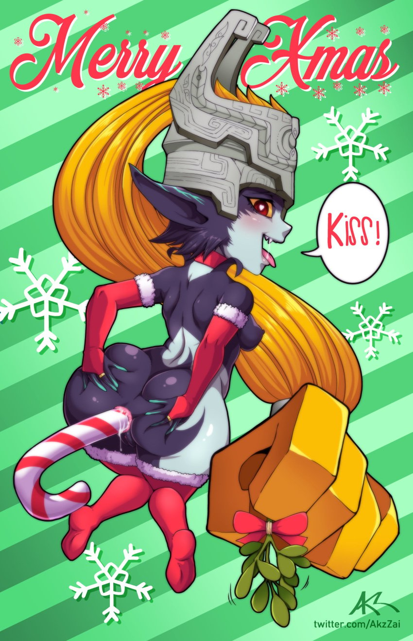 absurdres akazlime anal anal_object_insertion anus ass breasts bridal_gauntlets candy candy_cane fangs female food from_behind full_body green_background heart heart-shaped_pupils helmet highres imp imp_midna long_hair looking_at_viewer medium_breasts midna mistletoe monster_girl nintendo nipples object_insertion open_mouth orange_hair pointy_ears pussy red_bridal_gauntlets red_eyes red_legwear saliva smile solo speech_bubble striped striped_background symbol-shaped_pupils the_legend_of_zelda thighhighs tongue tongue_out twilight_princess two-tone_skin very_long_hair yellow_sclera