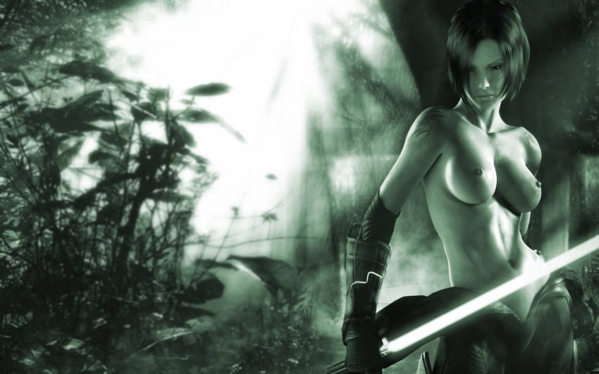 1girls bare_shoulders bodysuit breasts clavicle collar_bone erect_nipples female female_only fit hellgate_london jungle lightsaber medium_breasts medium_hair monochrome navel nipples solo tagme topless unzipped vambraces