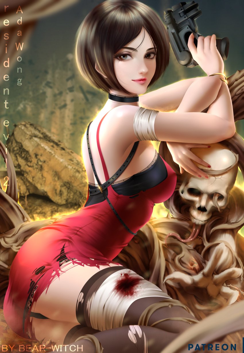 1girls absurdres ada_wong ada_wong_(adriana) asian bearwitch breasts cleavage female female_only highres looking_at_viewer looking_back panties resident_evil resident_evil_2 resident_evil_2_remake solo thighhighs