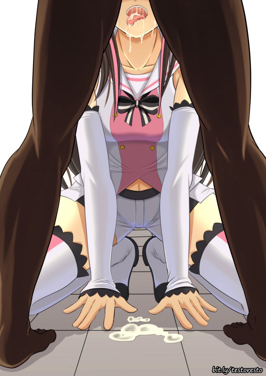 1boy a.i._channel absurdres arm_support boots breasts brown_hair collarbone cum cum_in_mouth cum_on_tongue cum_pool cumdrip dark-skinned_male detached_sleeves female hair_over_shoulder highres interracial kizuna_ai kizuna_ai_inc. kneeling lace lace-trimmed_legwear long_hair medium_breasts multicolored_hair open_mouth sailor_collar shirt shorts sitting sleeves_past_wrists spread_legs squatting streaked_hair teeth thigh_boots thighhighs thighs tongue tongue_out upper_teeth virtual_youtuber watermark web_address white_sailor_collar