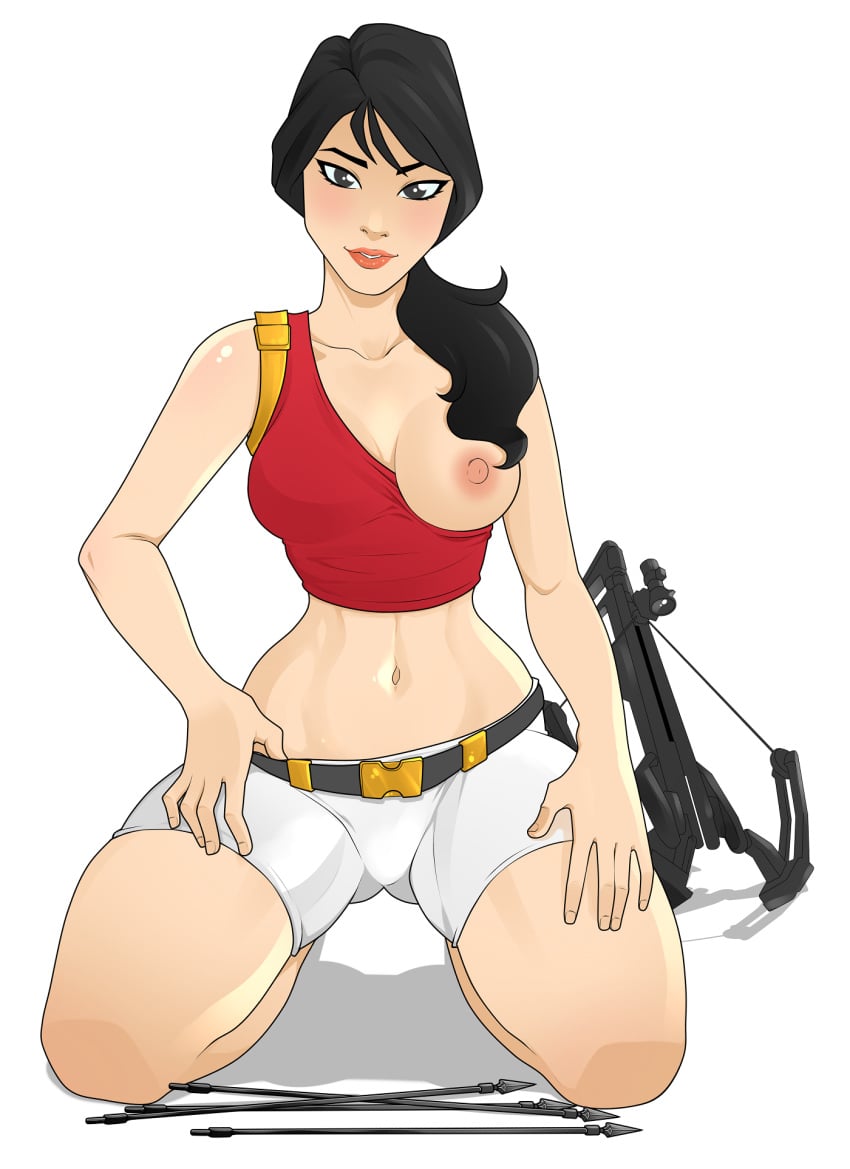 1girls abs big_breasts black_hair blushing breasts clothed clothing exposed_breasts female female_only fortnite fully_clothed kneeling looking_at_viewer one_breast_out red_shirt rodjim scarlet_defender shorts tagme wardrobe_malfunction