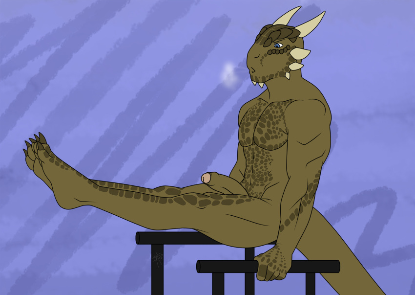 abs anthro archshen argonian male male_only muscular nude parallel_bars pecs penis scalie solo the_elder_scrolls