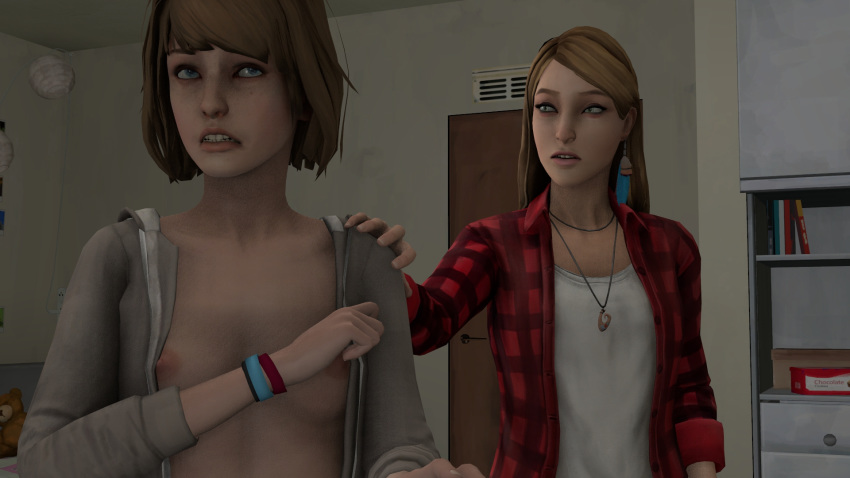 2girls 3d areolae blonde_hair blue_eyes breasts brown_hair counterfeithuman earrings feather_earrings female female_only grey_eyes life_is_strange looking_at_partner max_caulfield multiple_girls nipples partially_clothed rachel_amber