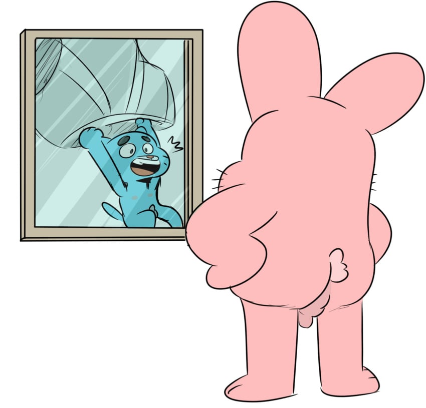 alpha_channel ass balls blue_fur briefs cartoon_network caught clothing domestic_cat falling father father_and_son felid feline felis fur gumball_watterson hands_on_hips lagomorph male mammal mature_male nipples open_mouth parachute parent penis pink_fur rabbit rear_view rekoc_(artist) richard_watterson son standing surprise teeth the_amazing_world_of_gumball underwear what window young