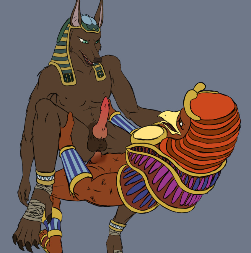 anal anthro anubian_jackal anubis_(smite) avian balls canid canine canis claws deity dr_lazarus_lamar egyptian_mythology erection gay jackal knot male male_nipples male_only mammal penis ra_(smite) smite testicles yaoi