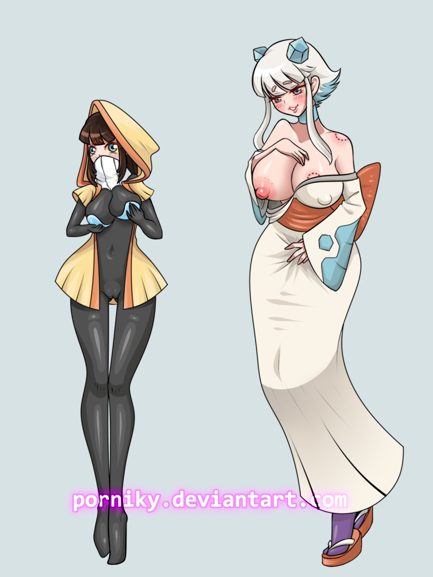 before_and_after big_breasts bite_mark froslass humanized kimono pokemon pokemorph porniky snorunt transformation white_hair