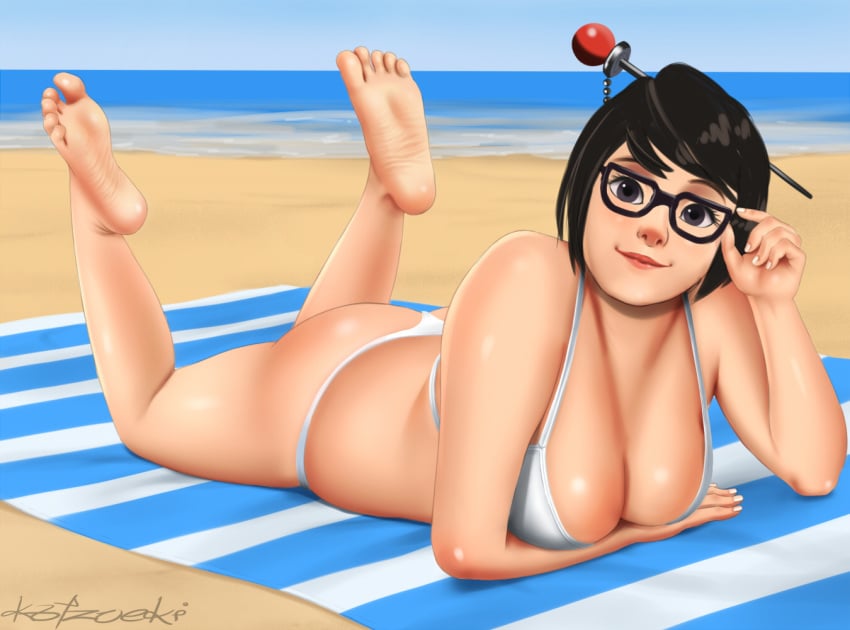 1girls ass barefoot beach bikini black_hair breasts clothed_female feet female female_only glasses katzueki mei_(overwatch) overwatch soles solo toes