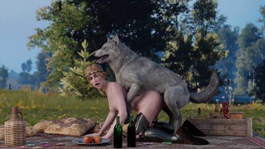 3d all_fours animal_genitalia areolae blonde_hair blue_eyes breasts cd_projekt_red doggy_style female looking_at_viewer niodreth nipples on_floor outside partially_clothed saskia the_witcher_(series) the_witcher_2 wolf zoophilia