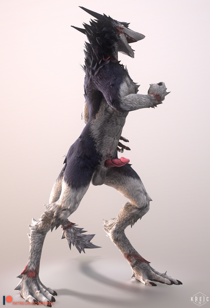 2019 3d absurd_res animal_genitalia anthro balls digitigrade erection fangs hi_res humanoid_penis kreic male male_focus penis pink_penis sergal smile tongue tongue_out