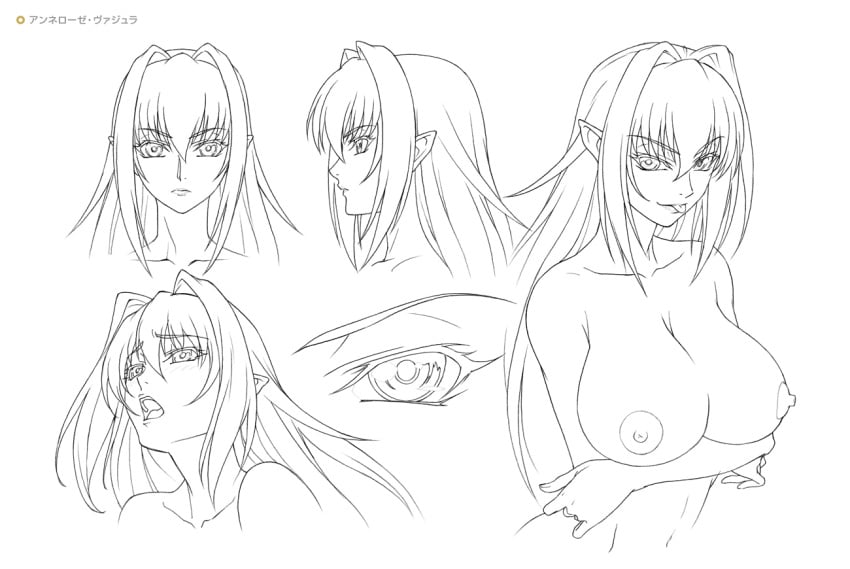 annerose_vajra blush breasts character_sheet curvy female kagami_hirotaka koutetsu_no_majo_anneroze large_breasts lilith-soft long_hair looking_at_viewer monochrome multiple_views nude perky_breasts smile solo