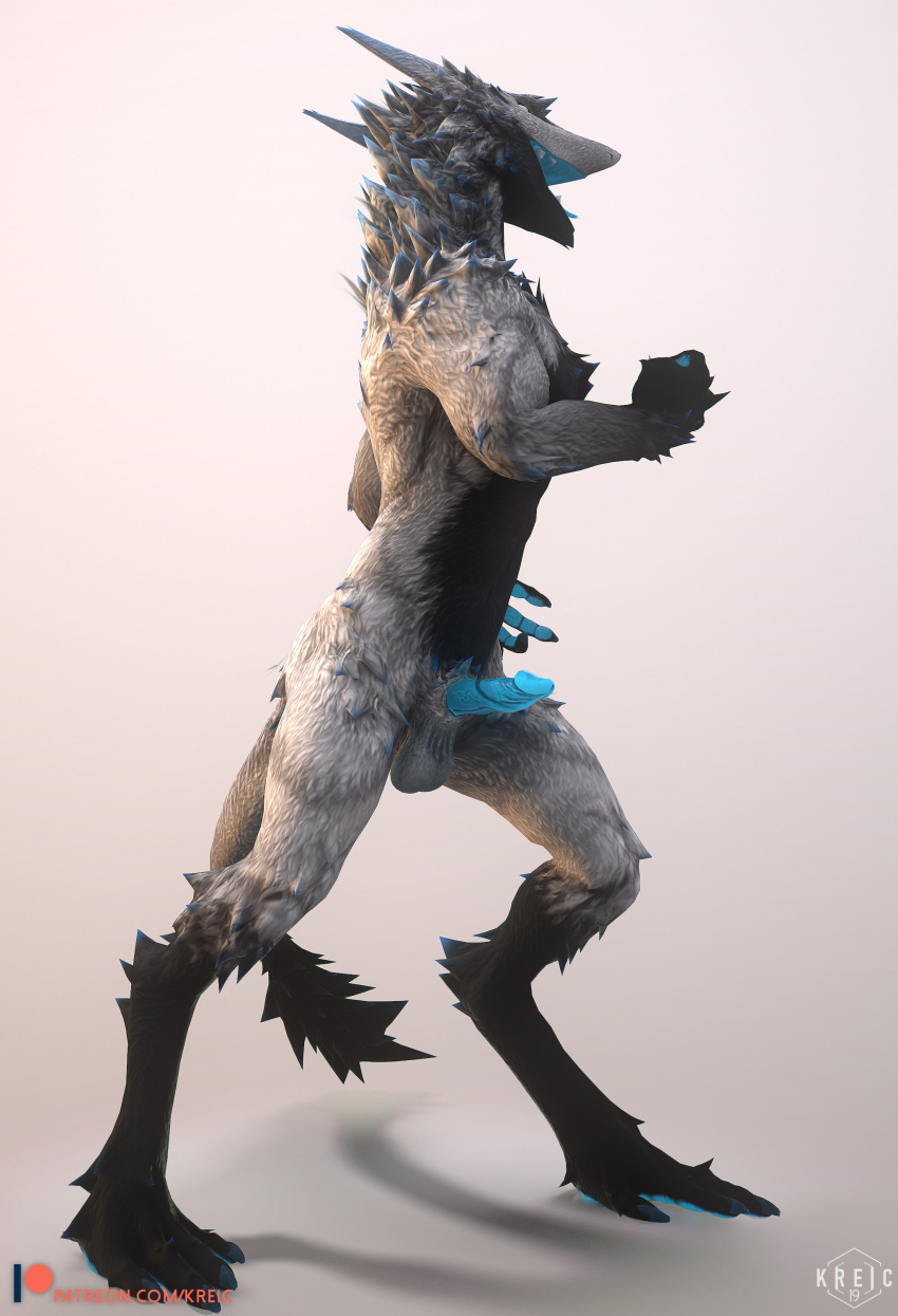 2019 3d absurd_res animal_genitalia anthro balls digitigrade erection fangs glowing glowing_penis hi_res kreic male male_focus penis sergal smile tongue tongue_out