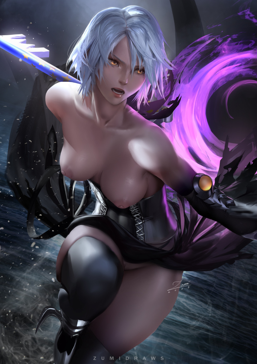 absurdres anti-aqua aqua_(kingdom_hearts) artist_name aura black_clothes breasts corset dark_aura dark_background dark_persona detached_sleeves enemy_conversion female highres keyblade kingdom_hearts kingdom_hearts_iii looking_to_the_side medium_breasts nipples open_mouth pussy running silver_hair star uncensored water watermark yellow_eyes zumi