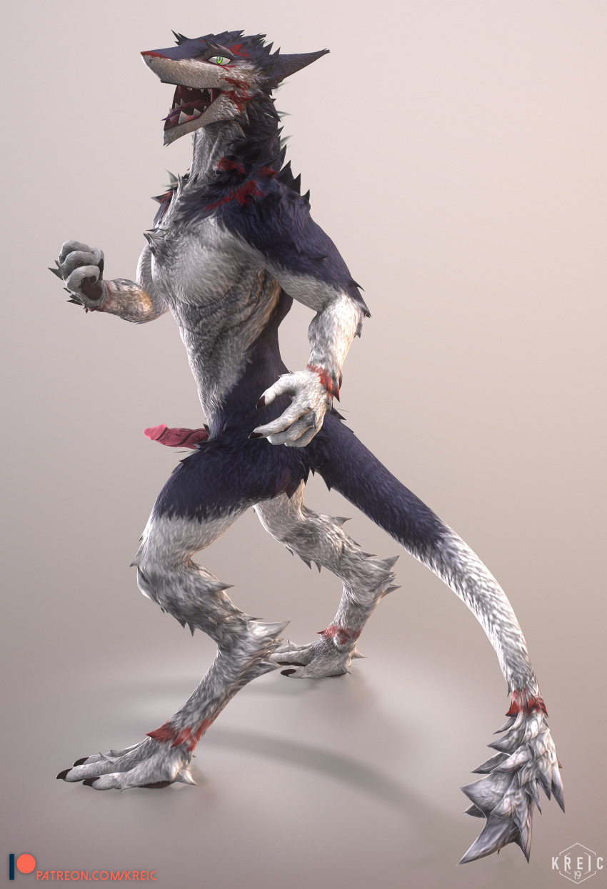 2019 3d absurd_res animal_genitalia anthro digitigrade erection fangs hi_res kreic looking_at_viewer male male_focus penis pink_penis sergal smile tongue tongue_out