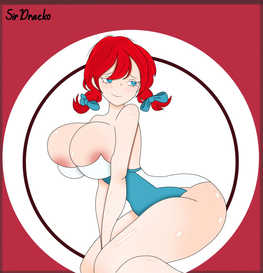 ass big_ass blue_eyes breasts freckles huge_breasts red_background red_hair ribbons short_hair sirdraeko tight_suit twintails wendy's wendy_thomas