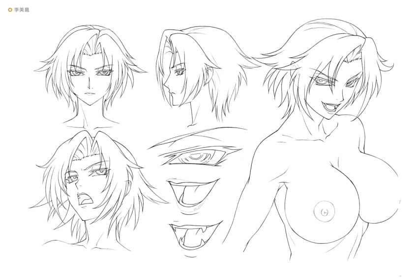 breasts character_sheet erect_nipples fangs female female kagami_hirotaka koutetsu_no_majo_anneroze large_breasts lee_mayfeng lilith-soft looking_at_viewer monochrome multiple_views nude official_art short_hair smile translation_request white_background