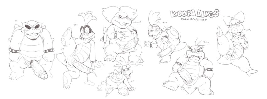 anthro anus bebebebebe cum english_text erection female humanoid_penis iggy_koopa koopa koopaling larry_koopa lemmy_koopa ludwig_von_koopa male male_focus mario_(series) monochrome morton_koopa_jr. multiple_images nintendo penis pussy roy_koopa scalie solo text uncut vein veiny_penis video_games wendy_o._koopa