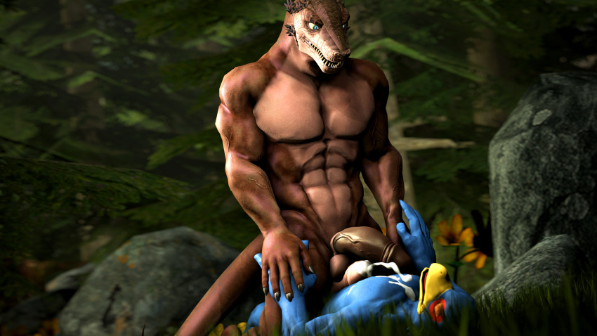 3d 5_fingers abs absurd_res anthro anthro_on_anthro anthrofied avian balls beak bird blue_eyes blue_feathers claws closed_eyes cowgirl_position crossover cum cum_on_chest cum_on_penis falco_lombardi falcon feathers fox_whisper85 gay grass grind hi_res horn interspecies lizard male male_on_top muscular muscular_male nintendo nutjob on_top orgasm penis reptile scalie sex source_filmmaker star_fox teeth tongue tree vein video_games yaoi