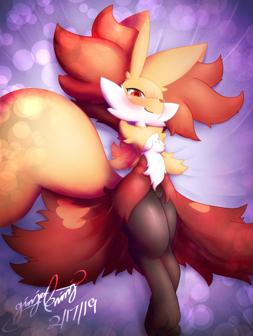 1girls 2019 3_toes anthro blush breasts canid canine dated delphox ears_up exposed_breasts feet female female_only fluffy fluffy_tail furry gingy_k_fox hands_behind_head highres looking_at_viewer lying mammal multicolored_fur nintendo nipples nude on_back paws pokémon_(species) pokemon pokemon_xy presenting pussy simple_background small_breasts smile solo text thick_thighs toes voluptuous watermark white_fur wide_hips