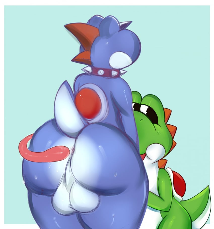 ambiguous_gender anthro anus ass balls big_balls big_butt black_eyes blue_skin blue_yoshi blush boshi collar eyewear femboy glasses green_skin green_yoshi imminent_anal imminent_rimming long_tongue looking_at_viewer lucidkitty male male/ambiguous mario_(series) nintendo nude open_mouth presenting presenting_anus presenting_balls presenting_hindquarters smile spiked_collar spikes standing super_mario_rpg sweat thick_thighs tongue tongue_out video_games white_skin wide_hips yoshi