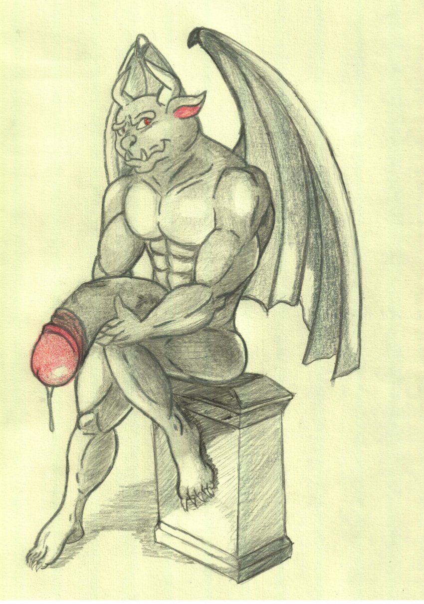 absurd_res anthro ass crazy_company cum demon gargoyle grey_skin grin hi_res horn humanoid_penis hyper hyper_penis invalid_tag looking_back male male_focus male_only muscular nude penis pose red_eyes simple_background sitting smile solo teeth vein wings