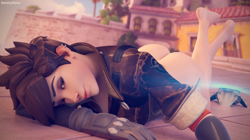 1girls 3d ass blender brown_hair castillo_(map) daintydjinn feet female female_only legs no_panties no_pants overwatch pale_skin seductive solo tracer