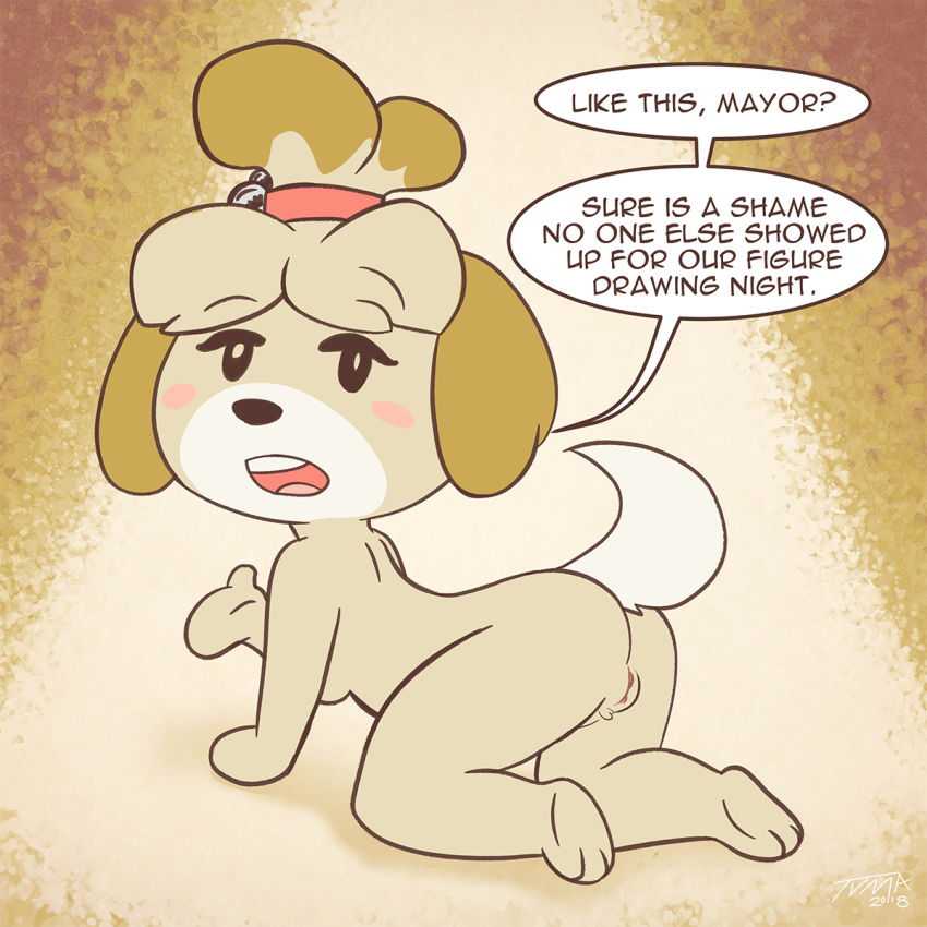 2018 animal_crossing ass blush breasts canid canine canis casual_nudity dialogue domestic_dog english_text female fur furry furry_only isabelle_(animal_crossing) looking_back mammal monochrome nintendo nude open_mouth presenting presenting_hindquarters presenting_pussy pussy sepia solo speech_bubble tail text tvma video_games