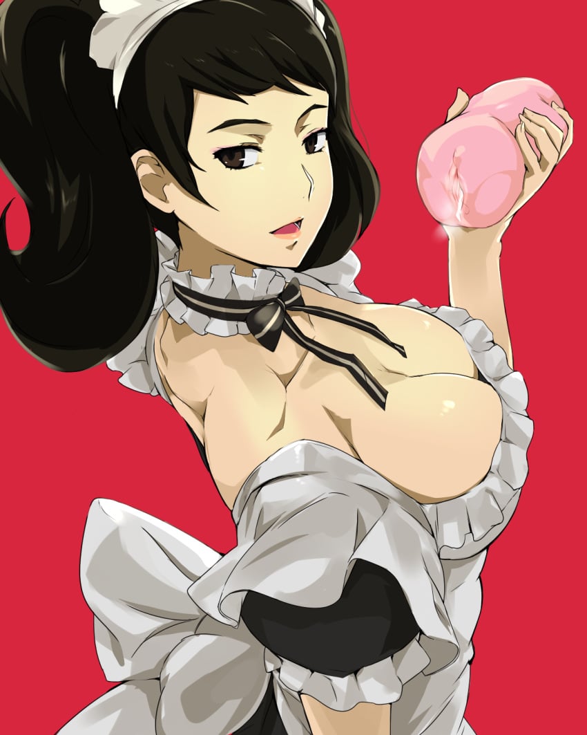 artificial_vagina bad_id bad_pixiv_id bangs becky_(persona) black_bow black_eyes black_hair bow breasts cafekun choker cleavage collarbone cum female frilled_choker frilled_sleeves frills highres large_breasts long_hair looking_at_viewer looking_back maid maid_headdress open_mouth persona persona_5 puffy_short_sleeves puffy_sleeves red_background sadayo_kawakami short_hair short_sleeves solo twintails upper_body white_bow