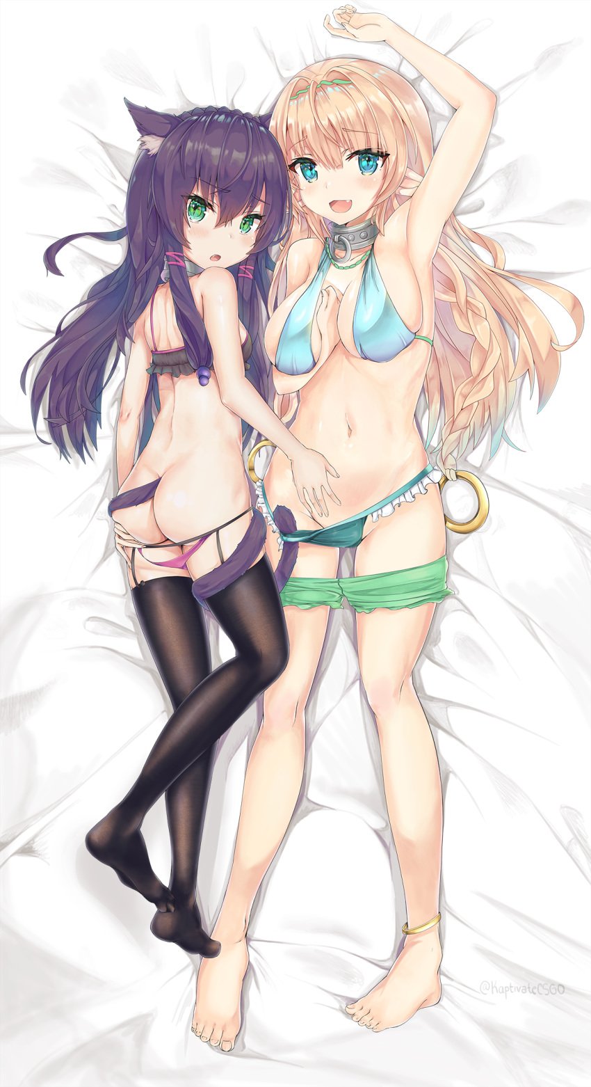 2girls animal_ears ass barefoot bed_sheet black_hair black_legwear blonde_hair blue_eyes blush breasts cat_ears cat_tail collar dakimakura elf feet female female_only flat_chest from_above green_eyes highres how_not_to_summon_a_demon_lord humanoid kaptivate large_breasts long_hair looking_at_viewer metal_collar multiple_girls no_shoes panties pointy_ears rem_galleu shera_l_greenwood smile tail thighhighs toes underwear