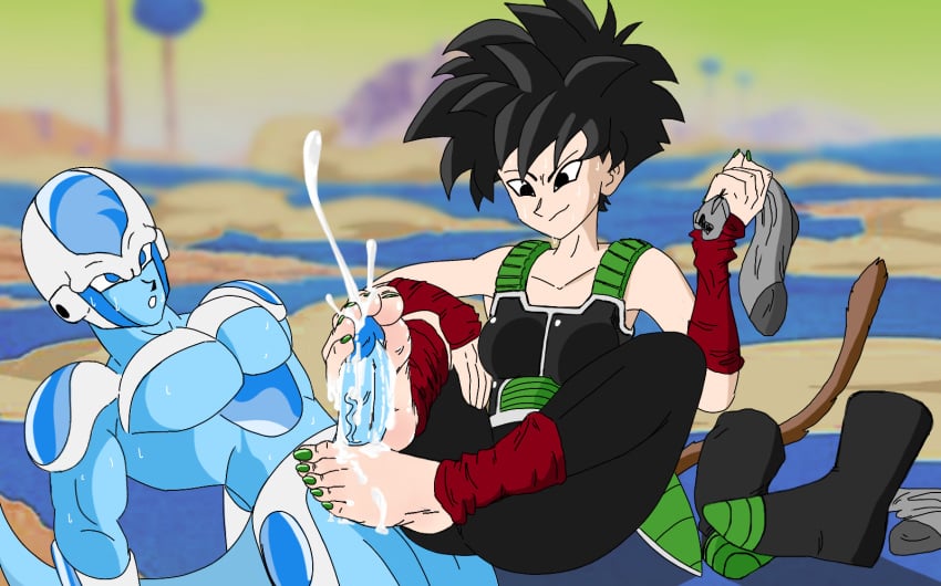 1boy 1boy1girl 1girls alien armor bardock_(cosplay) black_eyes black_hair blue_eyes blue_skin boots_removed cum cum_on_feet cumshot defeated dragon_ball dragon_ball_xenoverse feet foot_fetish footjob green_nail_polish green_nails imasourlemon naughty naughty_face original_character penis red_armwear red_legwear saiyan saiyan_armor saiyan_tail socks spiky_hair tail