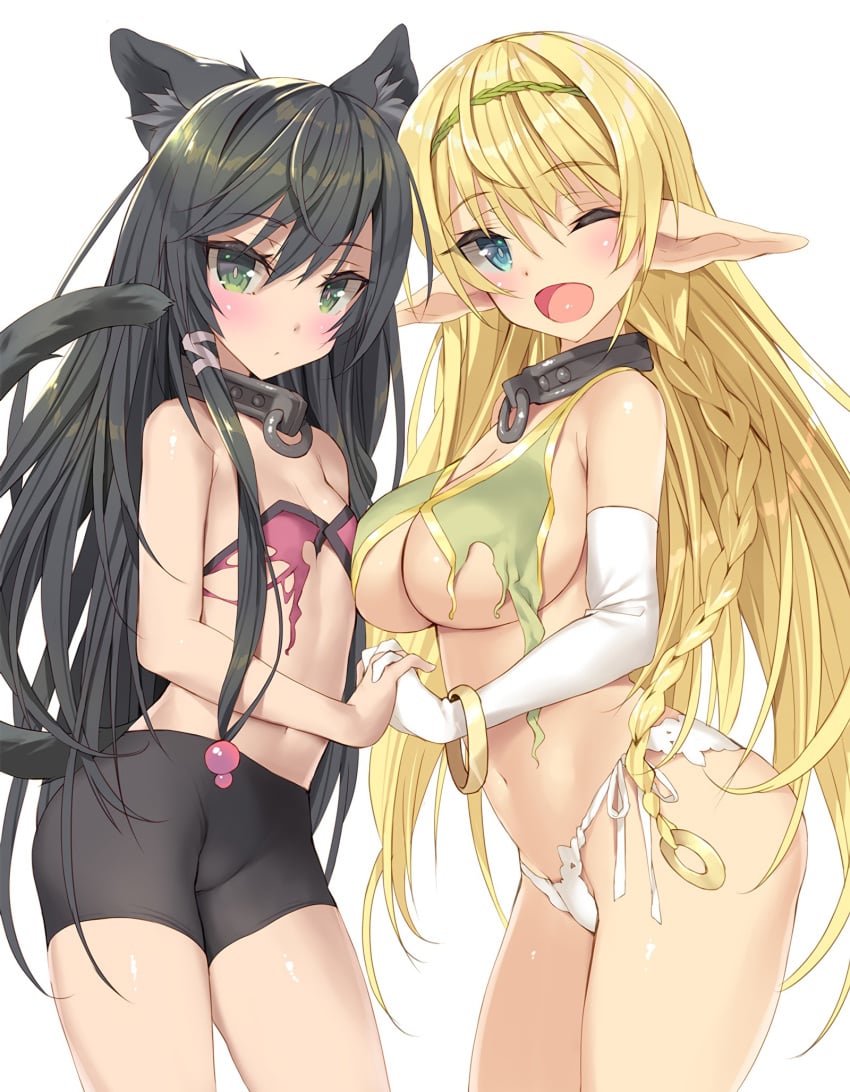 2girls ;d animal_ears aqua_eyes bangle bangs bare_arms bike_shorts black_hair black_shorts blonde_hair blue_eyes blush bracelet braid breasts cat_ears cat_tail cleavage closed_mouth collar collarbone contrapposto duo elbow_gloves elf eyebrows_visible_through_hair female female_only flat_chest gloves green_eyes hair_between_eyes hair_ornament hair_ribbon hand_holding hands_clasped highres how_not_to_summon_a_demon_lord huge_breasts humanoid interlocked_fingers jewelry long_hair looking_at_viewer multiple_girls navel one_eye_closed open_mouth panties pointy_ears rem_galleu ribbon shera_l_greenwood shiny_skin short_shorts shorts side_braid sidelocks simple_background smile standing stomach tail torn_clothes tsurusaki_takahiro underboob underwear very_long_hair white_background white_gloves white_panties