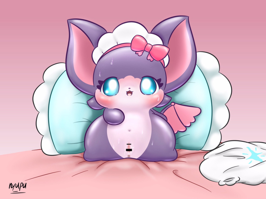 anthro anus bed blush censored cocotama female fur furry furry_only hat_only hi_res himitsu_no_cocotama looking_at_viewer mammal mostly_nude navel nyupu patarina pillow pussy semi-anthro signature solo sweat