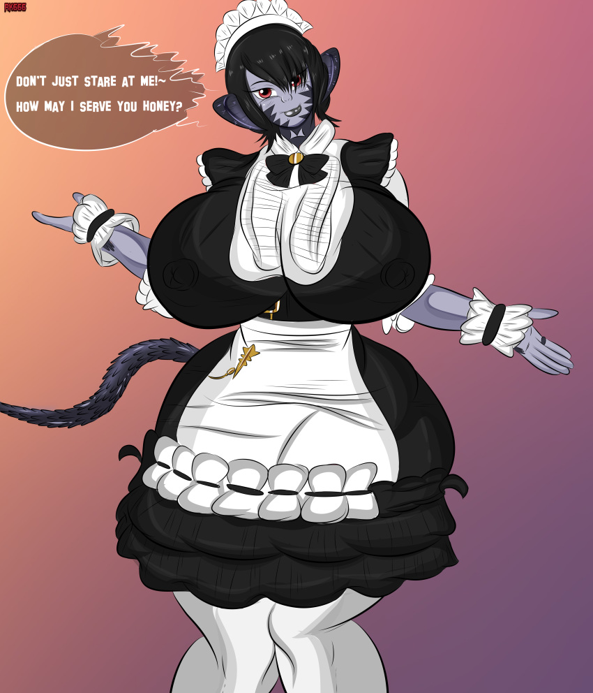 armor au_ra big_breasts black_hair curvaceous curvy devil_daddy final_fantasy final_fantasy_xiv horns huge_breasts huge_nipples lips lipstick maid maid_uniform nipple_bulge red_eyes seductive seductive_smile small_waist tail thick_lips thick_thighs wide_hips xaela