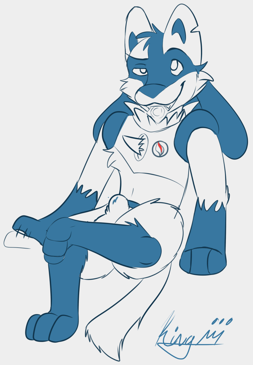 absurd_res animal_genitalia anthro biped canid fully_sheathed hi_res kingdraws lucario male_only mammal masturbation nintendo original_character partially_colored pokemon pokemon_(species) sheath sketch smug testicles text video_games watermark