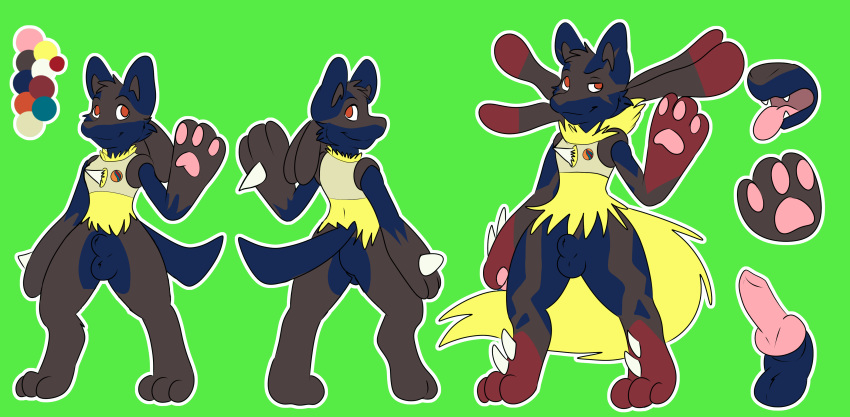 1boy absurd_res alternate_color animal_genitalia anthro canid claws clothing erection fully_sheathed furry hi_res horn kingdraws knot lucario male male_only mammal mega_evolution mega_lucario model_sheet nintendo open_mouth original_character pants paws penis pokemon pokemon_(species) sheath testicles video_games