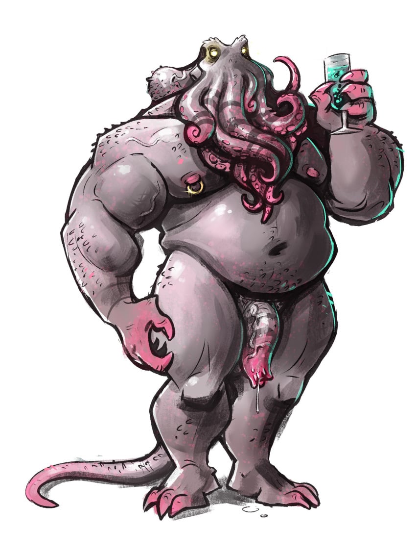 anthro dramamine drinking_glass flaccid male male_only mind_flayer musclegut muscular muscular_male nipple_piercing nipples nude penis piercing precum solo standing tentacle vein