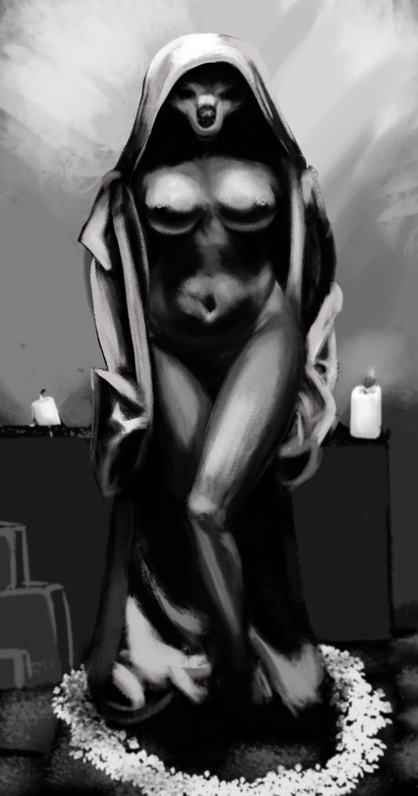 2019 absurd_res anthro big_breasts black_and_white breasts cervid cervine cloth creepy doe female fur hi_res looking_at_viewer mammal monochrome nipples nude pesky12 simple_background smile solo