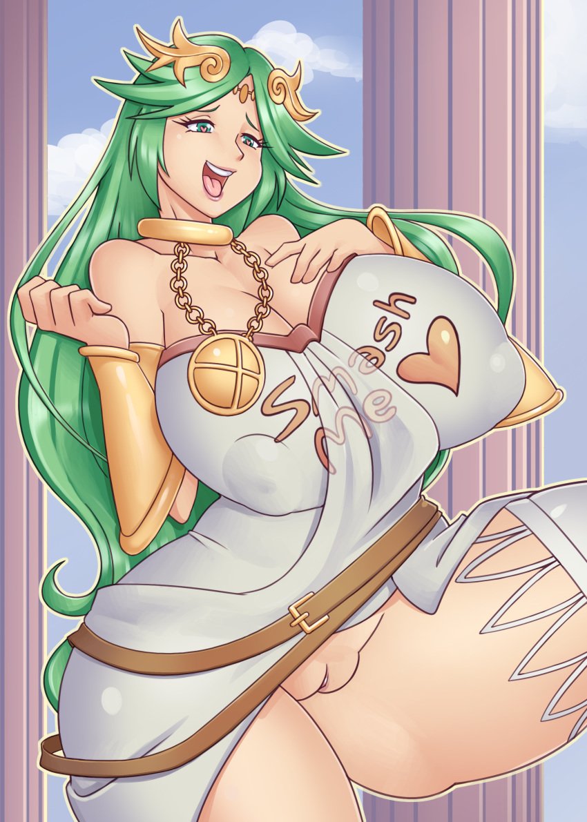 big_breasts breasts clothing deity exposed_pussy fuck-me_shirt goddess green_eyes green_hair hair heart heart-shaped_pupils kid_icarus large_breasts long_hair nauth nauth_le_roy nintendo no_panties open_mouth palutena pussy see-through video_games