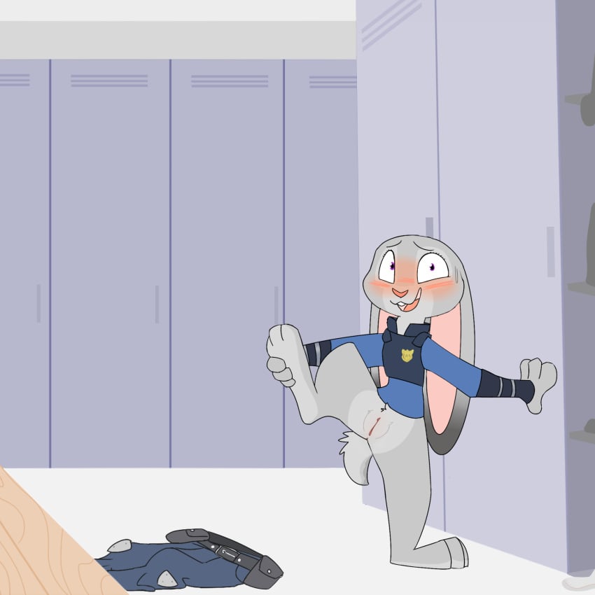 a_questionable_pony_blog anus blush bottomless clothed clothing discarded_clothing disney embarrassed female judy_hopps lagomorph locker_room mammal police_uniform pussy rabbit solo uniform zootopia