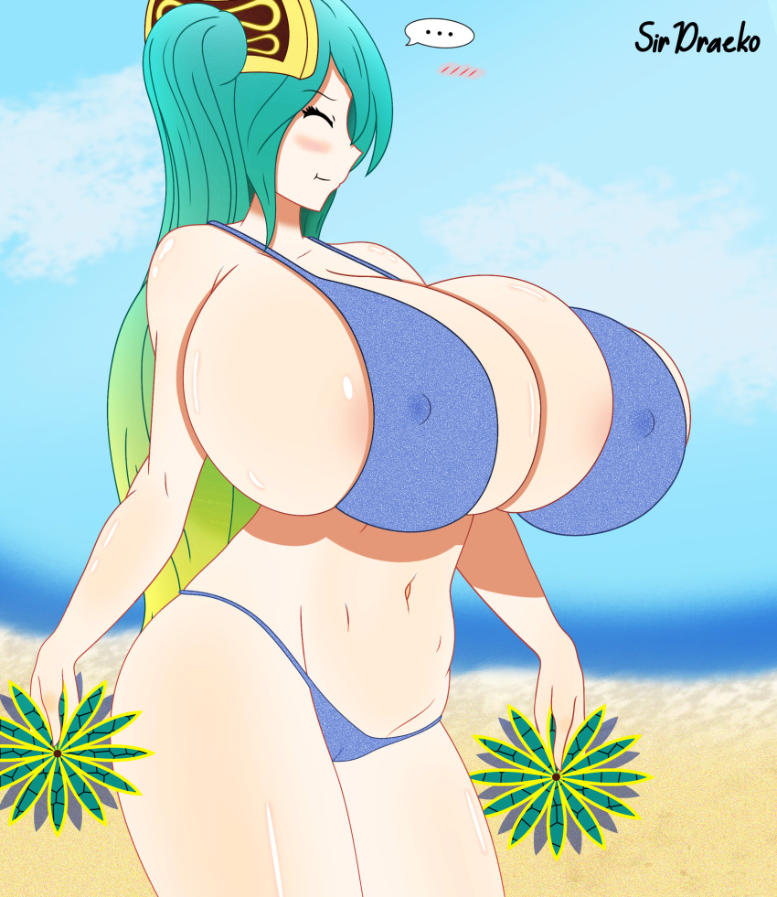 1girls beach big_breasts bikini bikini_bottom bikini_top blue_hair blush cameltoe clouds concept_art female female_only full_body green_hair huge_breasts league_of_legends long_hair multicolored_hair nipples nipples_visible_through_clothing ocean one_eye one_eye_closed riot_games sand sirdraeko solo sona_buvelle twintails voluptuous water yellow_hair