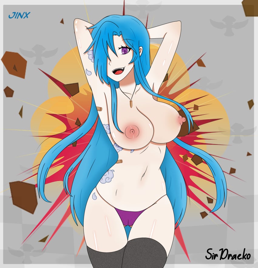 1girls 2017 armpits arms_behind_head arms_up big_breasts bikini_bottom blue_hair bullet clouds explosion female female_only full_body grey_background grey_stockings jinx_(league_of_legends) league_of_legends long_hair necklace nipples one_eye open_mouth posereference purple_panties riot_games sirdraeko smile solo tattoos text thighhighs topless uncensored white_skin