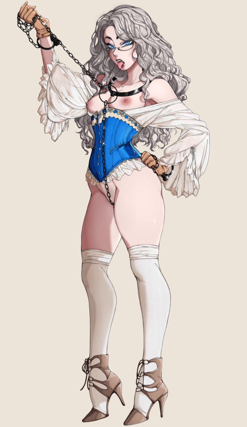 bare_shoulders blue_eyes bottomless breasts chains corset cuffs fangs female frills glasses gloves glowing glowing_eyes high_heels lipstick long_hair maidfrills makeup nipples open_mouth original silver_hair solo standing thighhighs tongue tongue_out wavy_hair white_legwear wide_sleeves