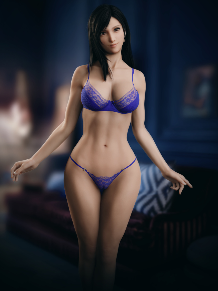 3d black_hair blender_(software) bra brown_eyes female final_fantasy final_fantasy_vii final_fantasy_vii_remake g-string lingerie long_hair looking_at_viewer panties purple_lingerie purple_panties saqune small_panties solo square_enix tifa_lockhart wide_hips