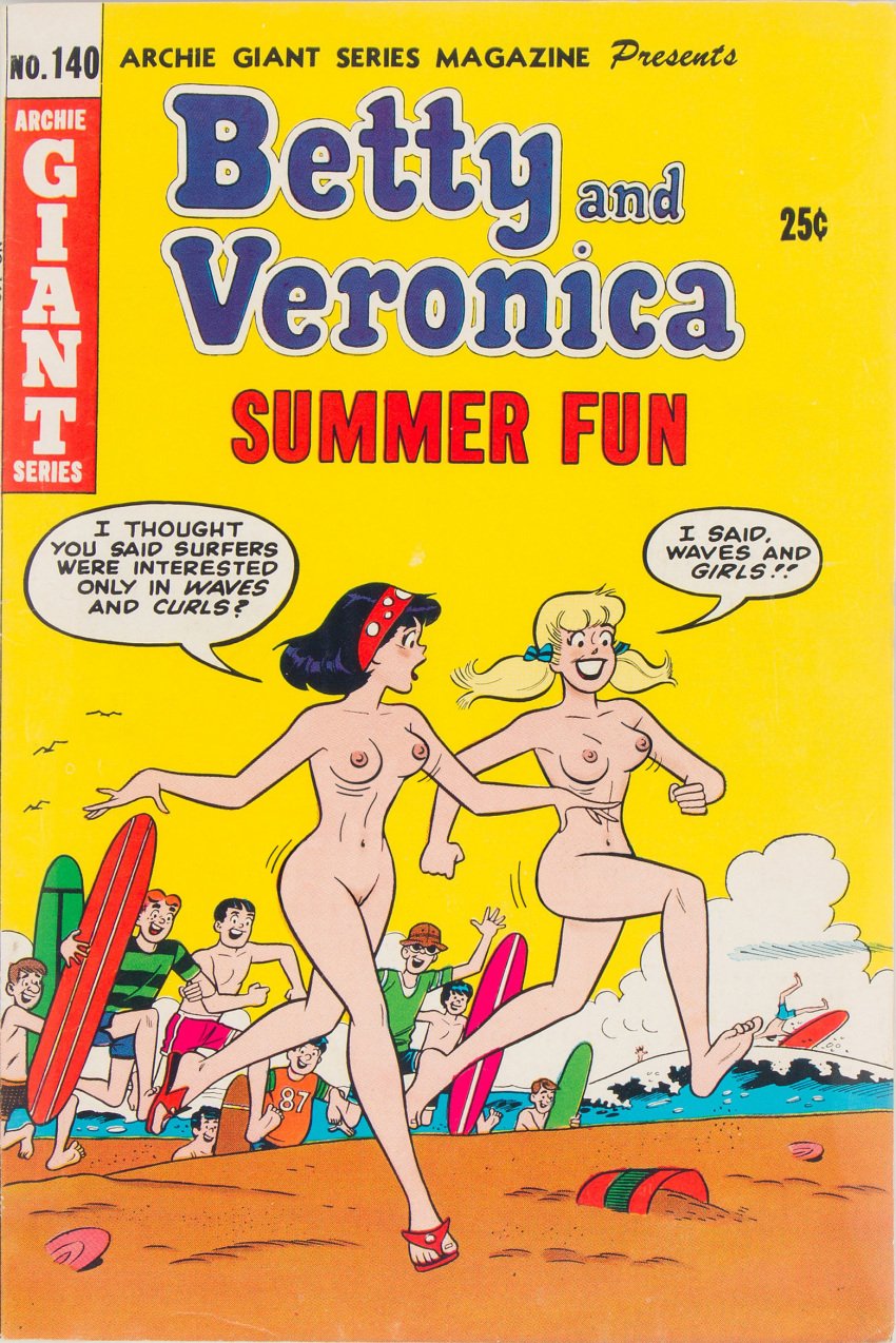 2girls 6+boys archie_comics areolae beach being_chased betty_and_veronica betty_cooper black_hair blonde_hair breasts english_text female male moriartyhide multiple_boys multiple_girls navel nipples nude outside public public_nudity pussy short_hair smile speech_bubble tagme text veronica_lodge